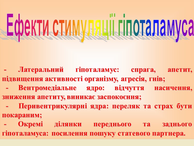 - Латеральний гіпоталамус: спрага, апетит, підвищення активності організму, агресія, гнів;   - Вентромедіальне